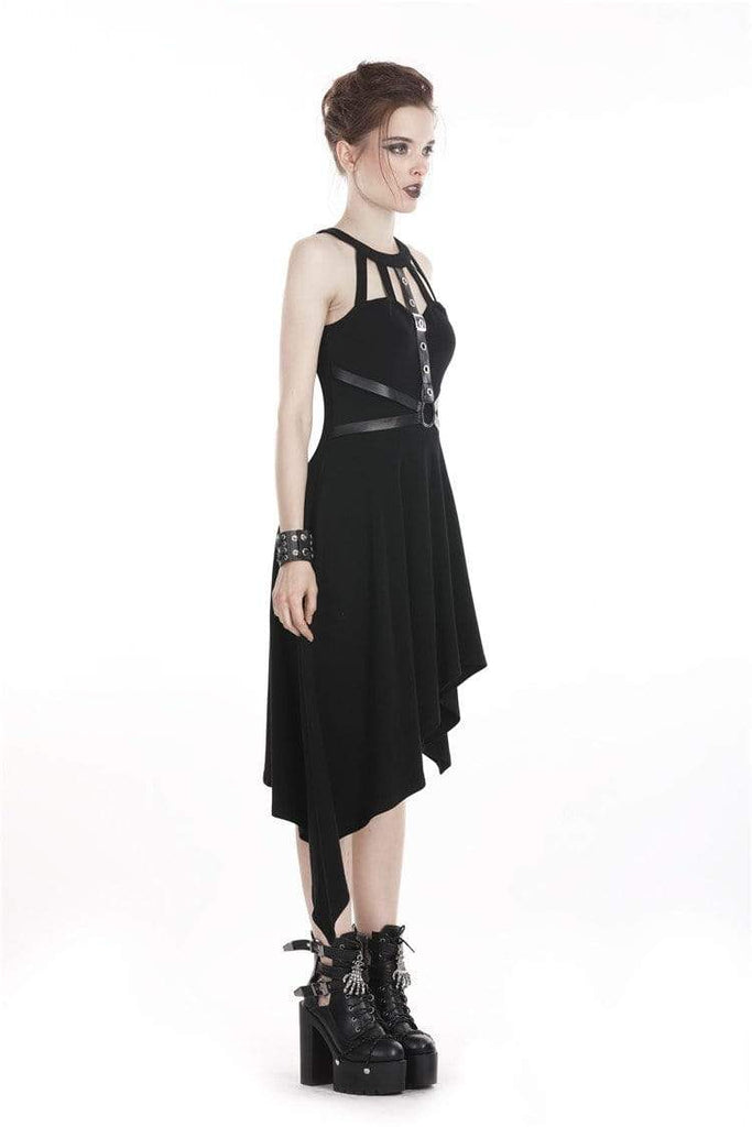 Darkinlove Women's Punk Asymmetrical Halterneck Dress with Faux Leather Harness