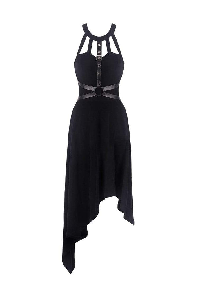 Darkinlove Women's Punk Asymmetrical Halterneck Dress with Faux Leather Harness