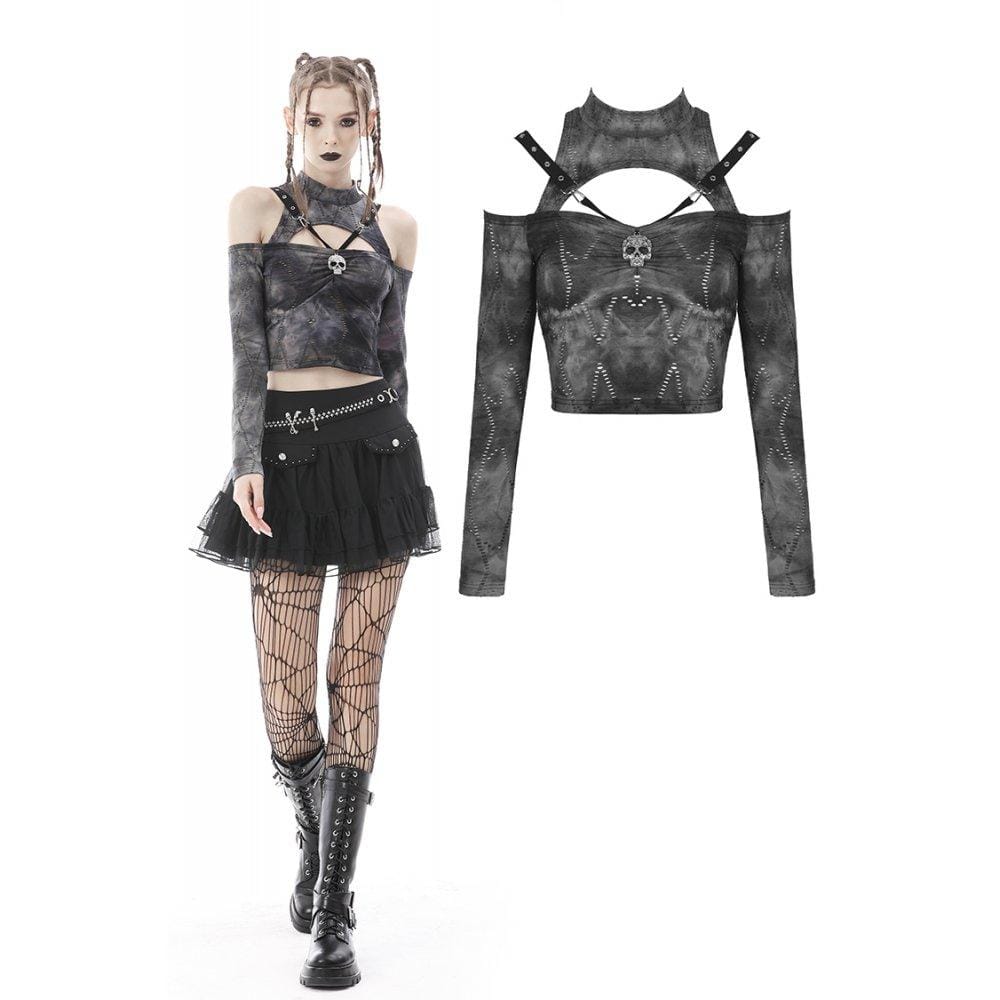 Darkinlove Women's Punk Cutout Off Shoulder Skull Crop Top