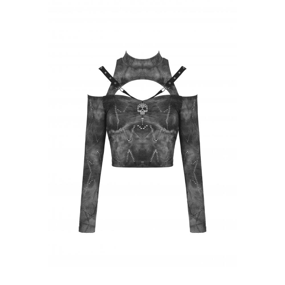 Darkinlove Women's Punk Cutout Off Shoulder Skull Crop Top