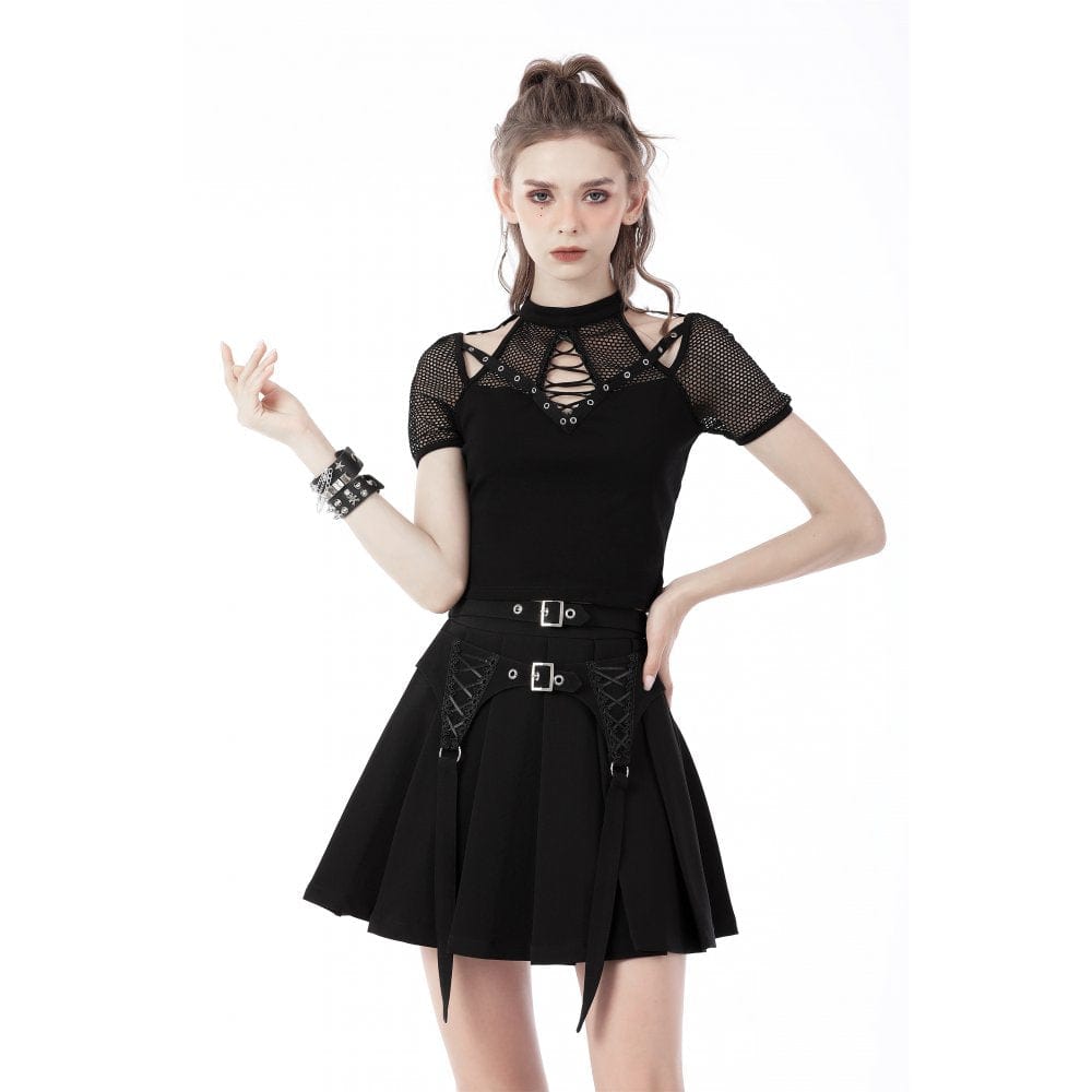 Darkinlove Women's Punk Double Buckles Pleated Skirt