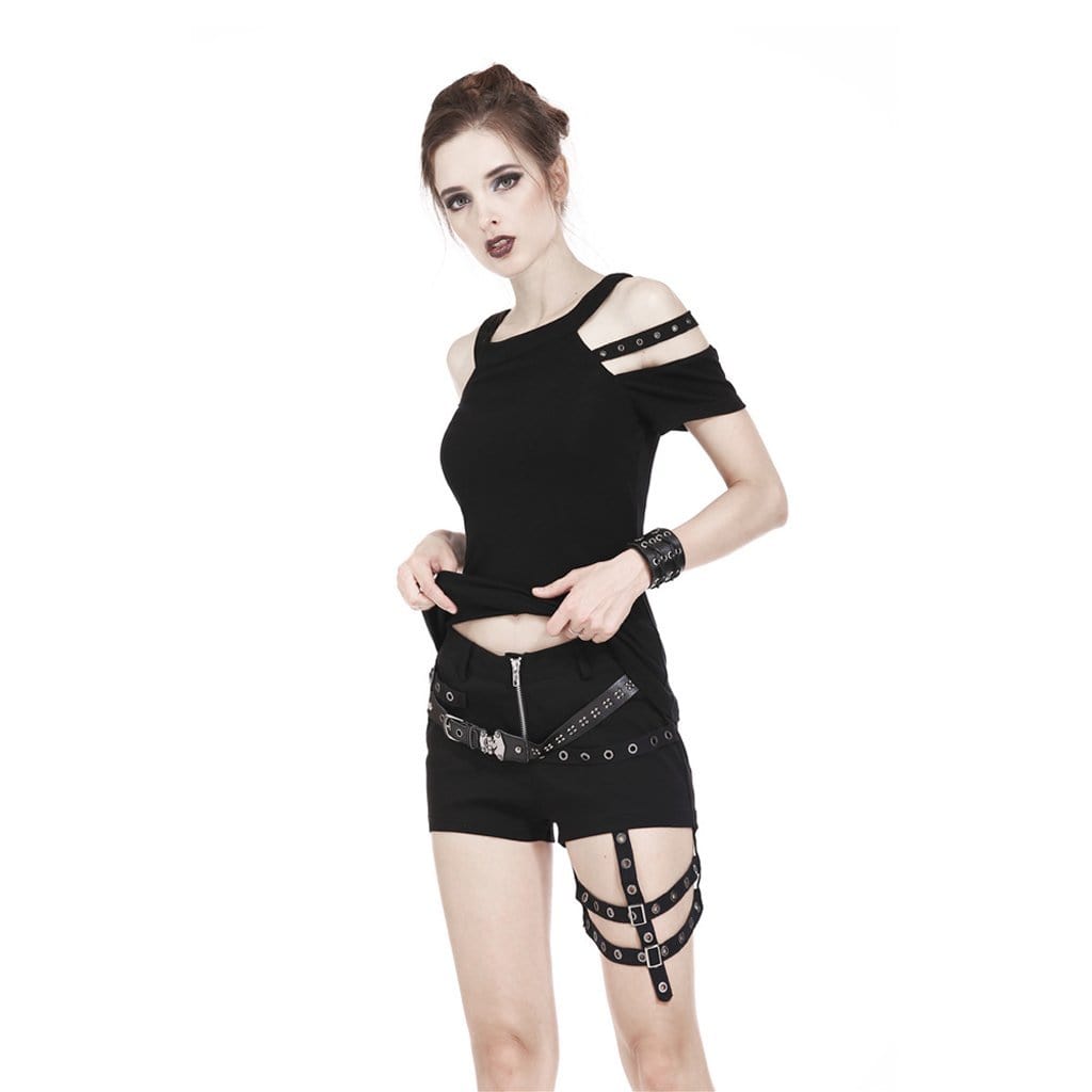 Darkinlove Women's Punk Halterneck Cutout Shoulder Tee With Straps