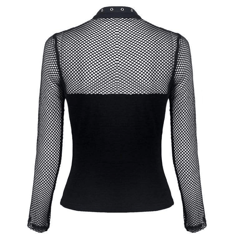 Darkinlove Women's Punk Mandarin Collar Long Sleeved Mesh Tops