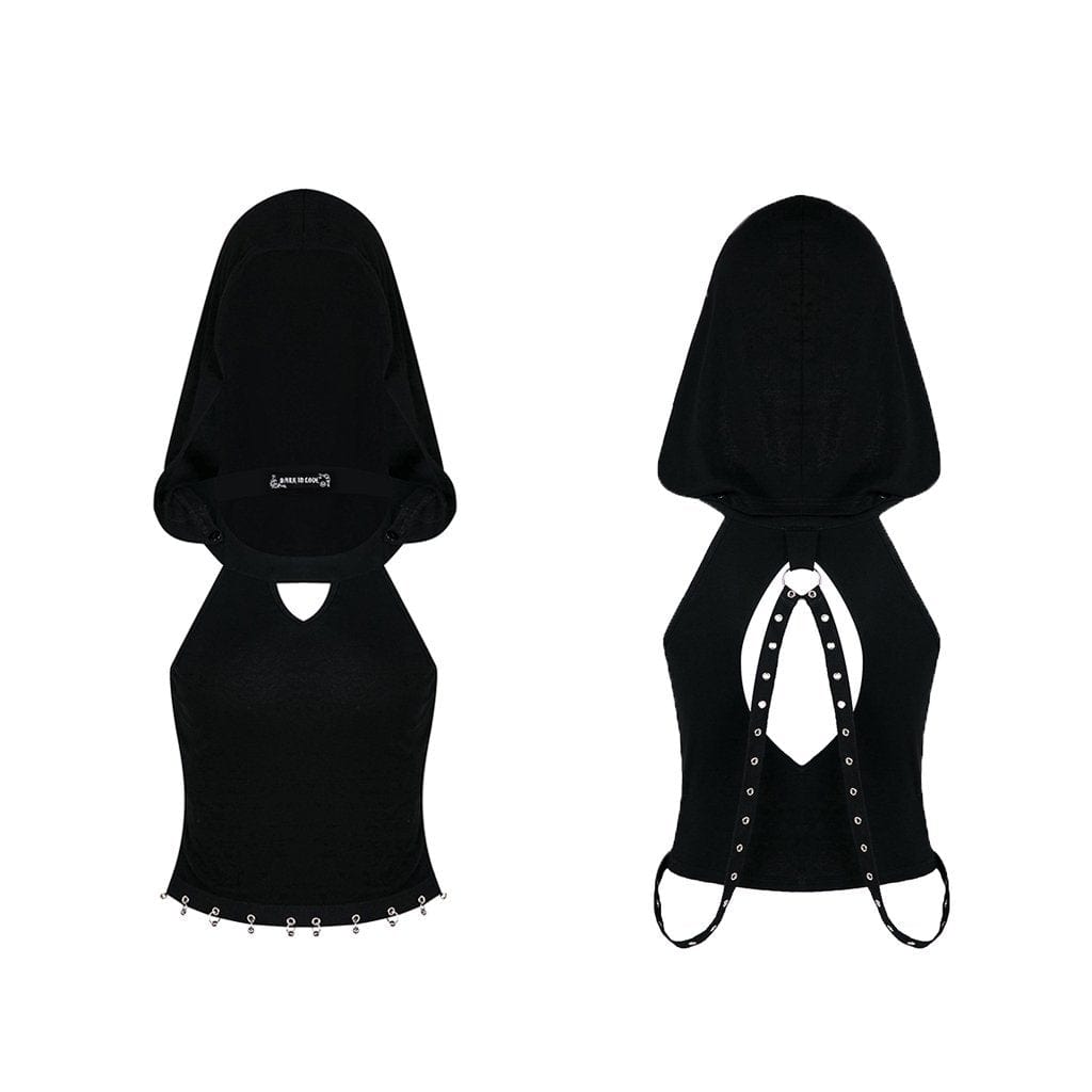 Darkinlove Women's Punk Mental O-ring Hooded Crop Tops With Shoulder Straps