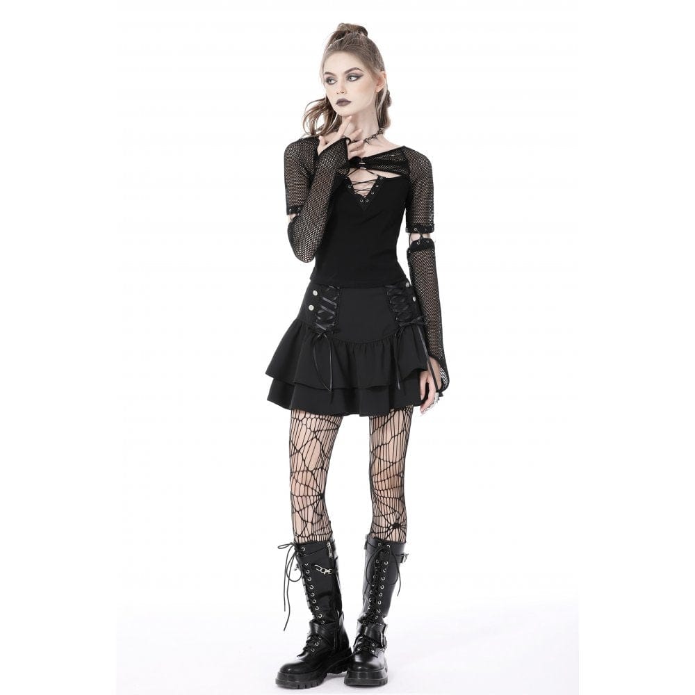 Darkinlove Women's Punk Plunging Mesh Splice Shirt with Oversleeves