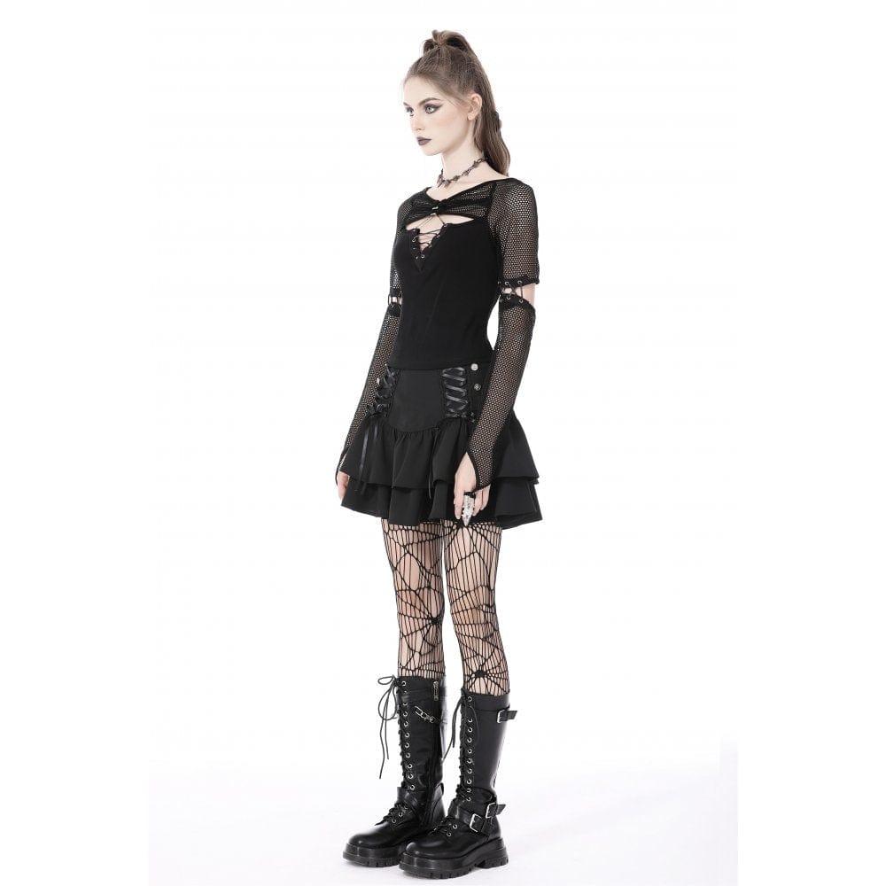 Darkinlove Women's Punk Plunging Mesh Splice Shirt with Oversleeves