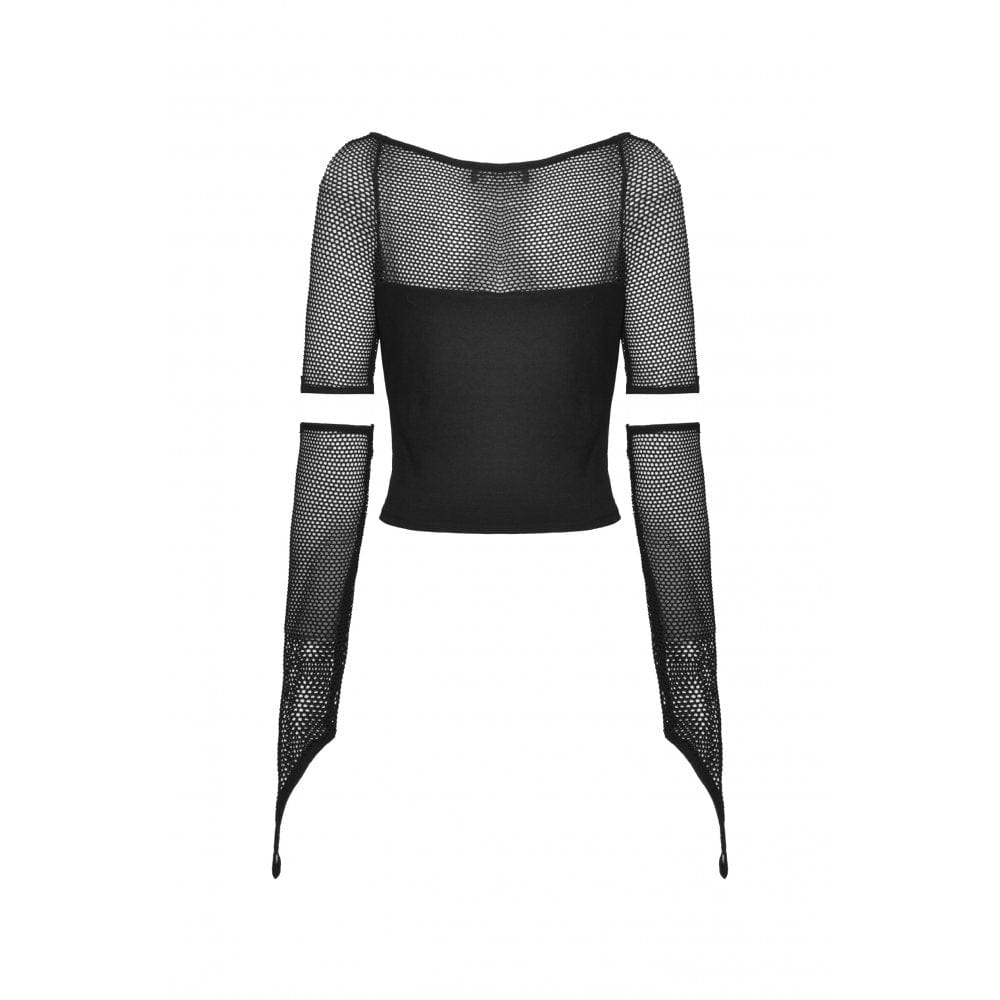 Darkinlove Women's Punk Plunging Mesh Splice Shirt with Oversleeves