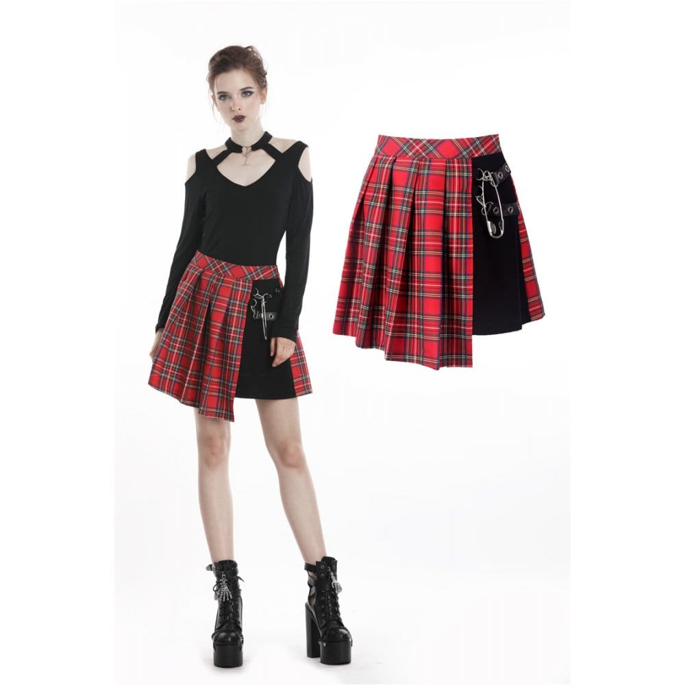 Darkinlove Women's Punk Red Plaid Pleated Skirt