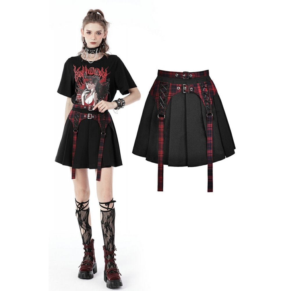 Darkinlove Women's Punk Rock Pleated Skirt with Red Plaid Strap