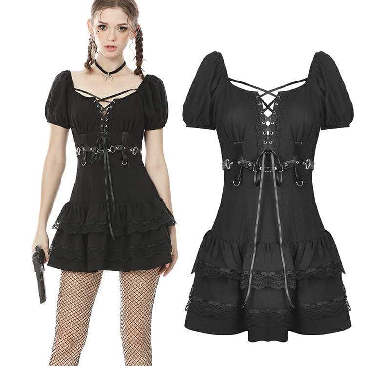 Women's Punk Tooling Style Lacing Multilayer Black Little Dresses