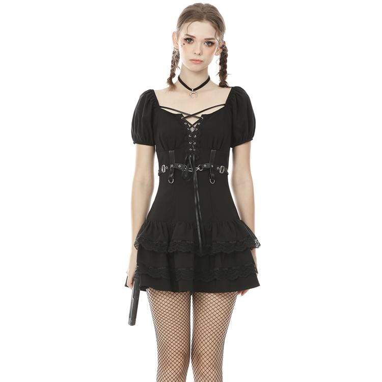 Women's Punk Tooling Style Lacing Multilayer Black Little Dresses