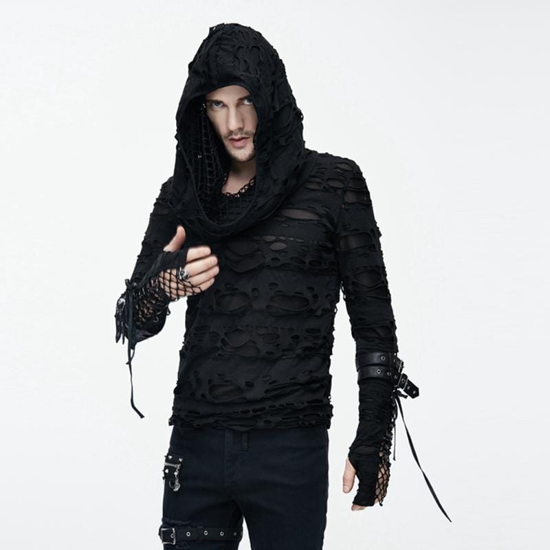 DEVIL FASHION Men's Distressed Ripped Hooded Punk-Shirt With Mesh Underlayer