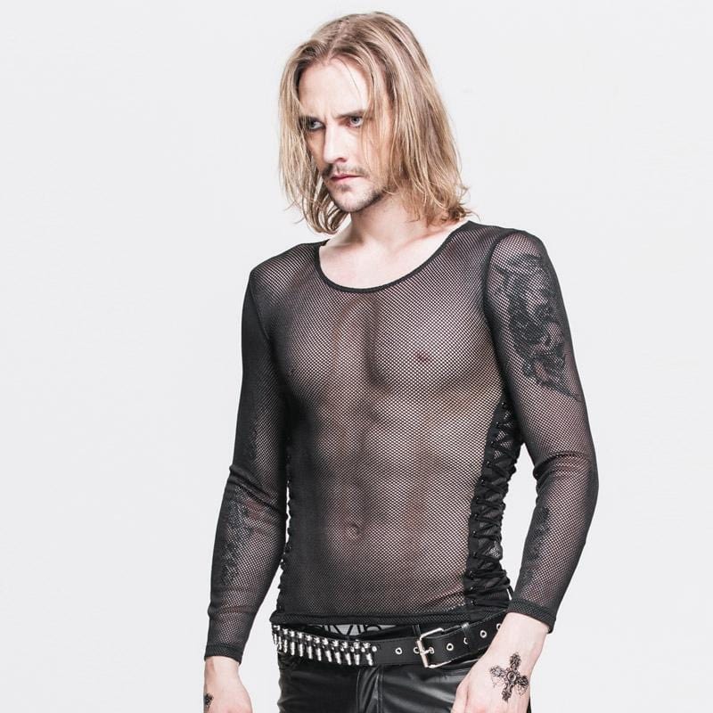 DEVIL FASHION Men's Full Mesh String and Grommet Side Lacing Punk T Shirt