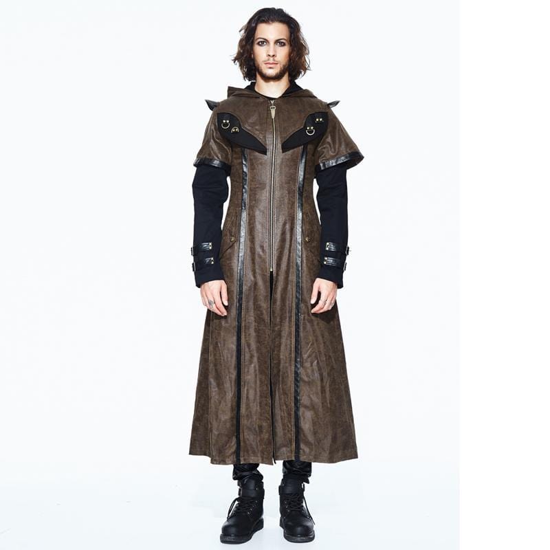 DEVIL FASHION Men's Goth Faux Leather Duotone Long Coat