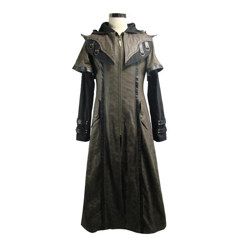 DEVIL FASHION Men's Goth Faux Leather Duotone Long Coat