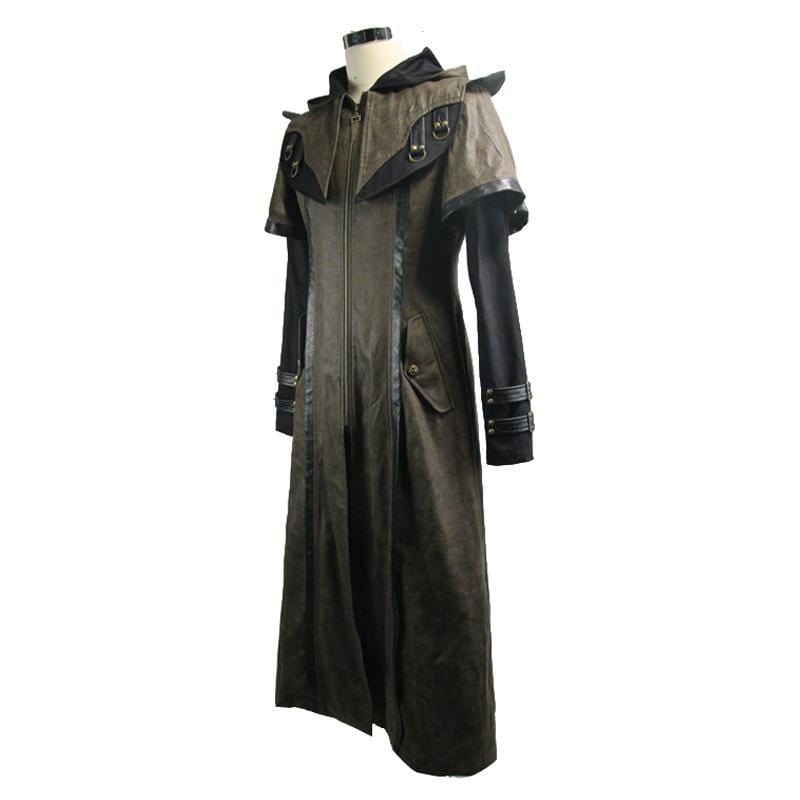 DEVIL FASHION Men's Goth Faux Leather Duotone Long Coat