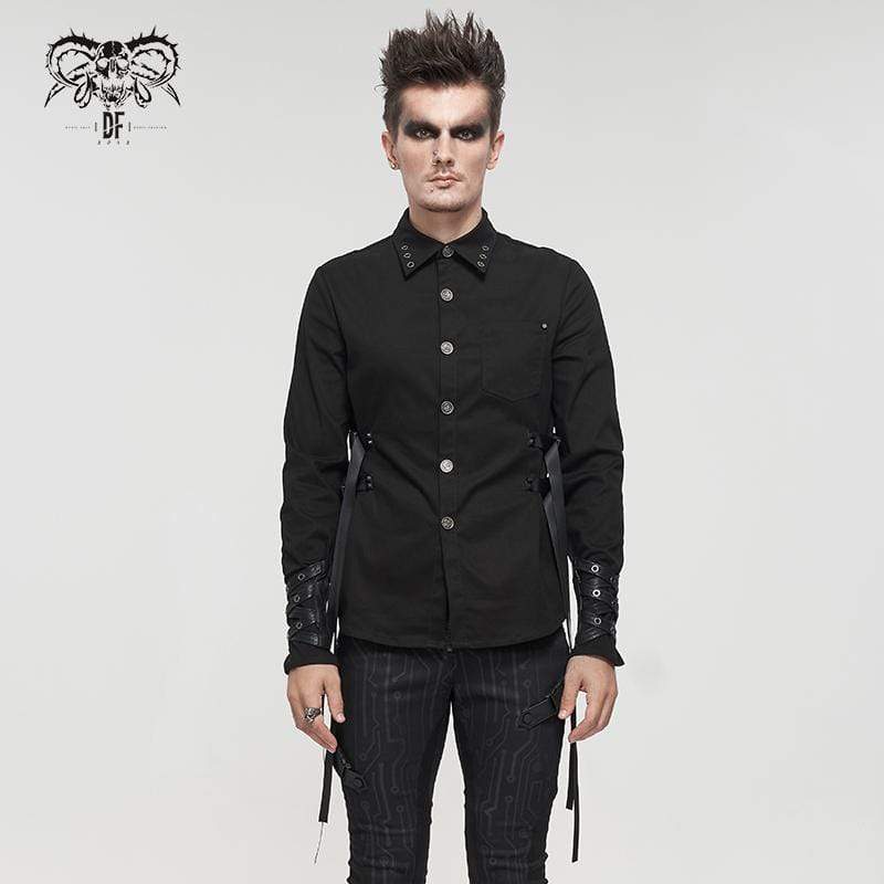 DEVIL FASHION Men's Gothic Buckle Splice Shirt Black