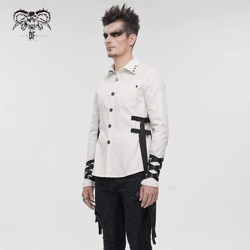 DEVIL FASHION Men's Gothic Buckle Splice Shirt White