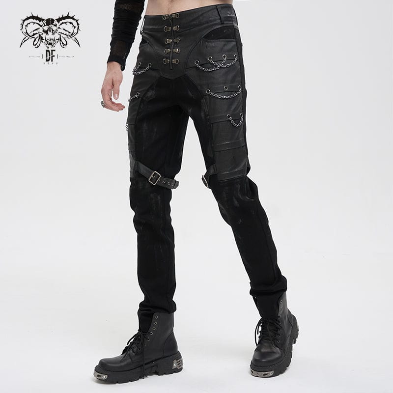 DEVIL FASHION Men's Gothic Distressed Faux Leather Pants