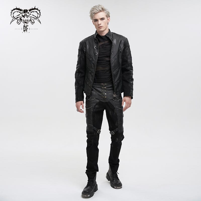 DEVIL FASHION Men's Gothic Distressed Faux Leather Pants