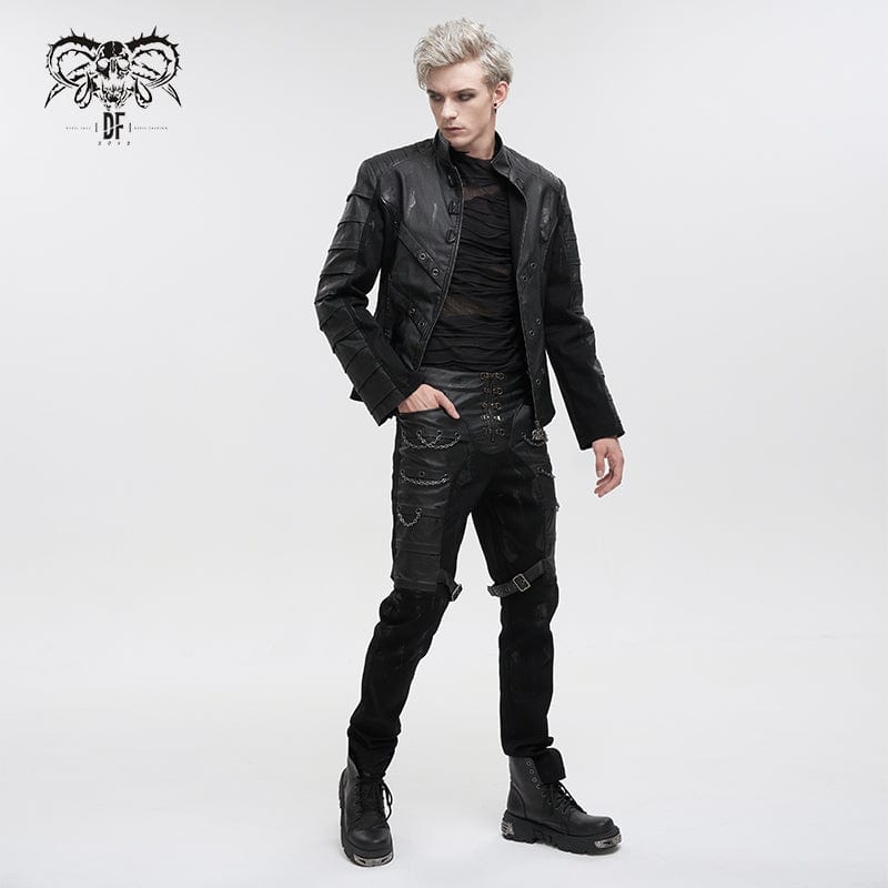 DEVIL FASHION Men's Gothic Distressed Faux Leather Pants