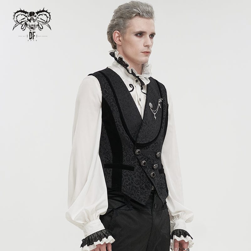 DEVIL FASHION Men's Gothic Embossed Waistcoat with Brooch Black