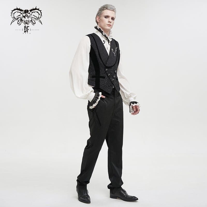 DEVIL FASHION Men's Gothic Embossed Waistcoat with Brooch Black