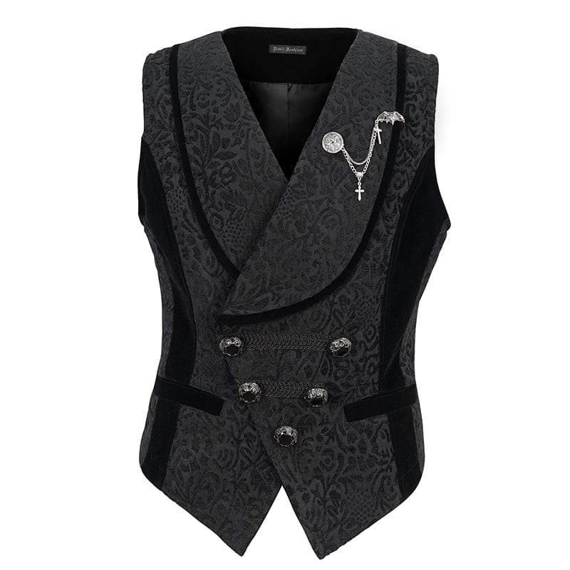 DEVIL FASHION Men's Gothic Embossed Waistcoat with Brooch Black