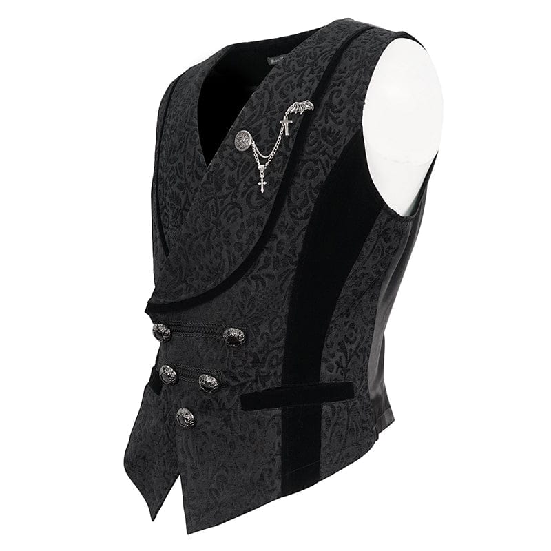 DEVIL FASHION Men's Gothic Embossed Waistcoat with Brooch Black