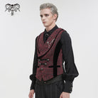 DEVIL FASHION Men's Gothic Embossed Waistcoat with Brooch Red