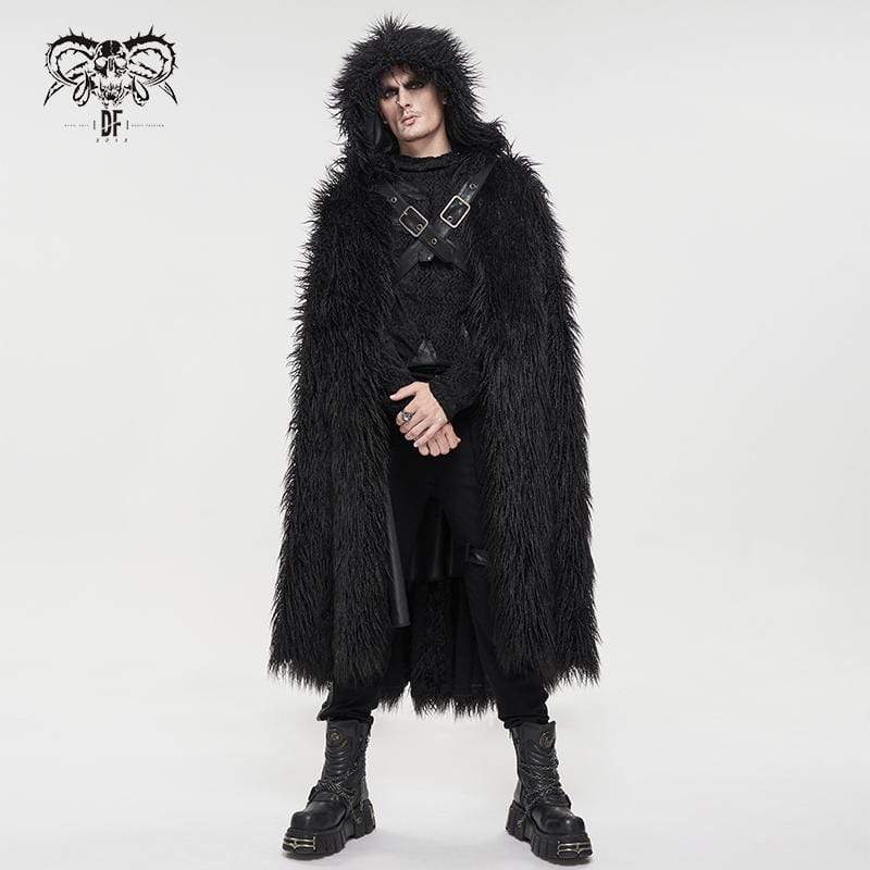 DEVIL FASHION Men's Gothic Faux Fur Buckle Coat with Hood