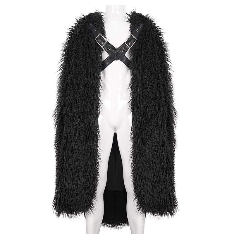 DEVIL FASHION Men's Gothic Faux Fur Buckle Coat with Hood