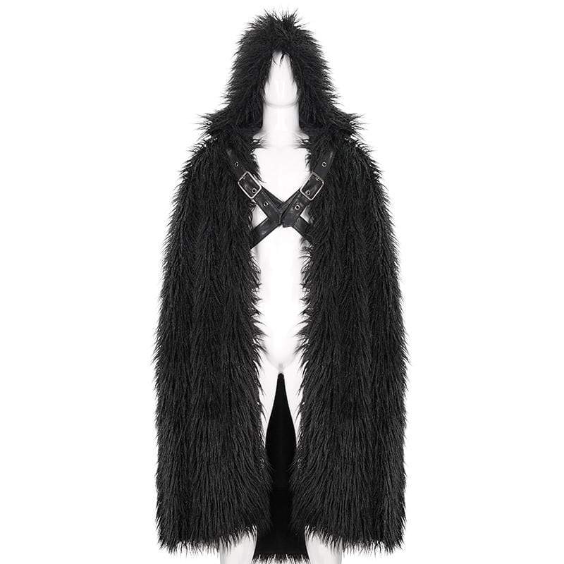 DEVIL FASHION Men's Gothic Faux Fur Buckle Coat with Hood