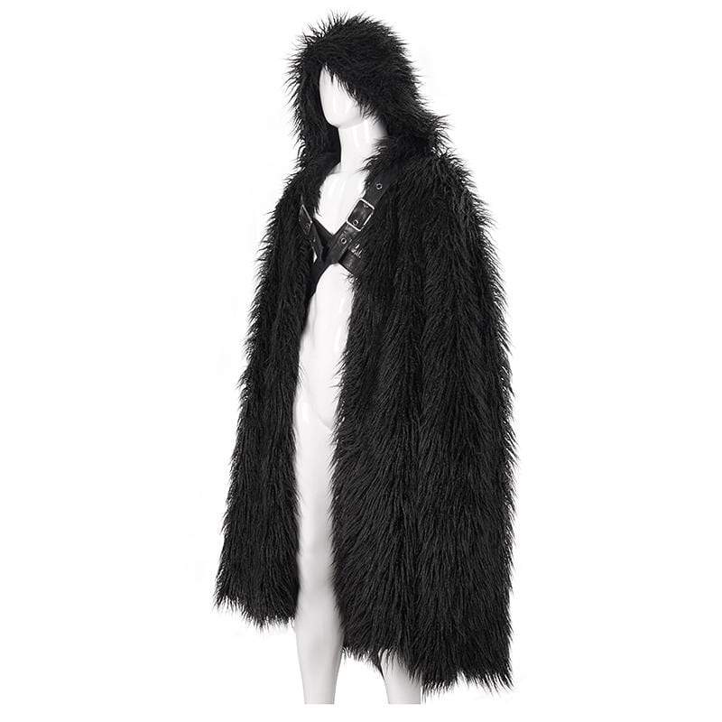 DEVIL FASHION Men's Gothic Faux Fur Buckle Coat with Hood