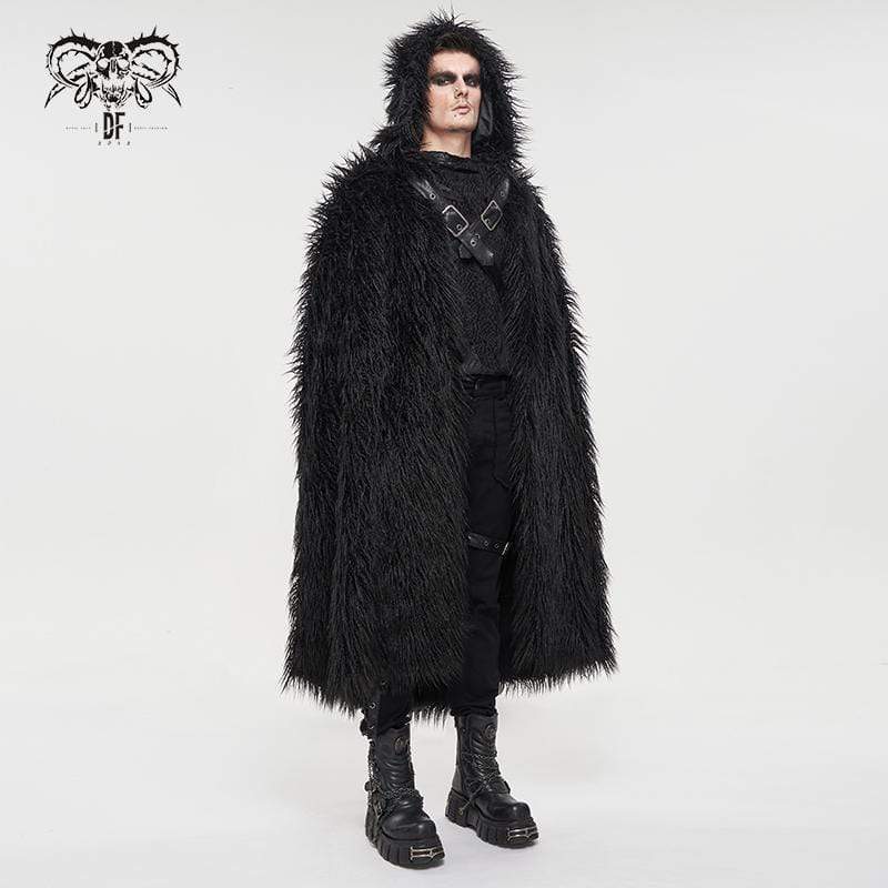 DEVIL FASHION Men's Gothic Faux Fur Buckle Coat with Hood