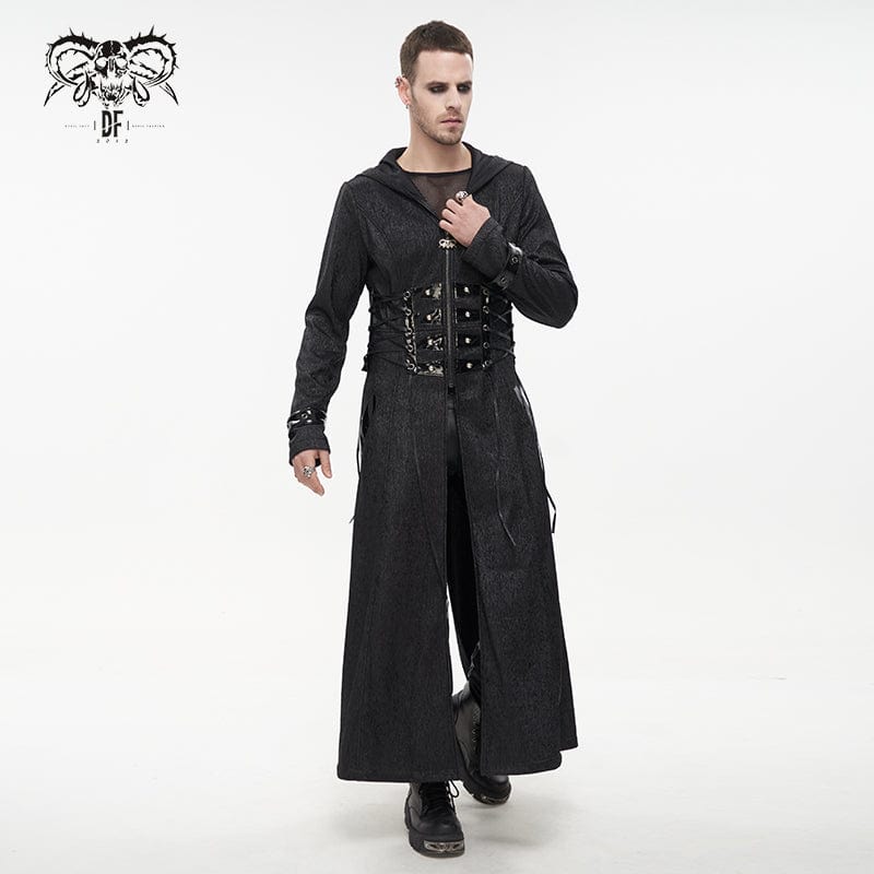 DEVIL FASHION Men's Gothic Faux Leahter Splice Long Coat with Hood