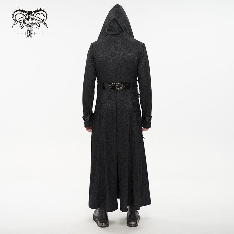 DEVIL FASHION Men's Gothic Faux Leahter Splice Long Coat with Hood