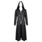 DEVIL FASHION Men's Gothic Faux Leahter Splice Long Coat with Hood