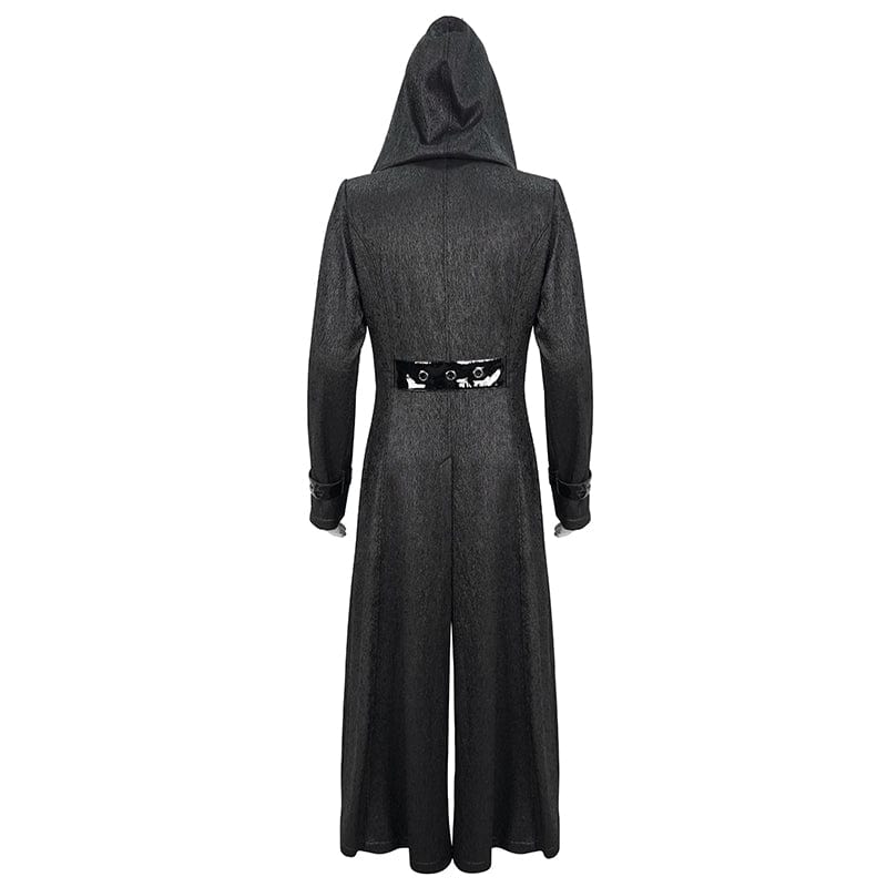 DEVIL FASHION Men's Gothic Faux Leahter Splice Long Coat with Hood
