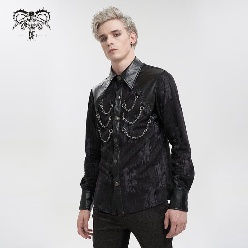 DEVIL FASHION Men's Gothic Faux Leather Splice Chain Shirt