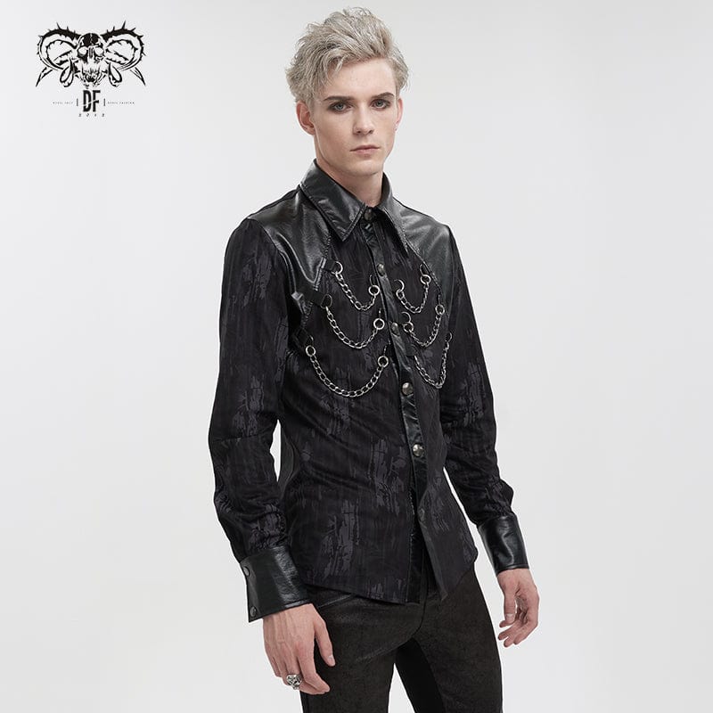 DEVIL FASHION Men's Gothic Faux Leather Splice Chain Shirt