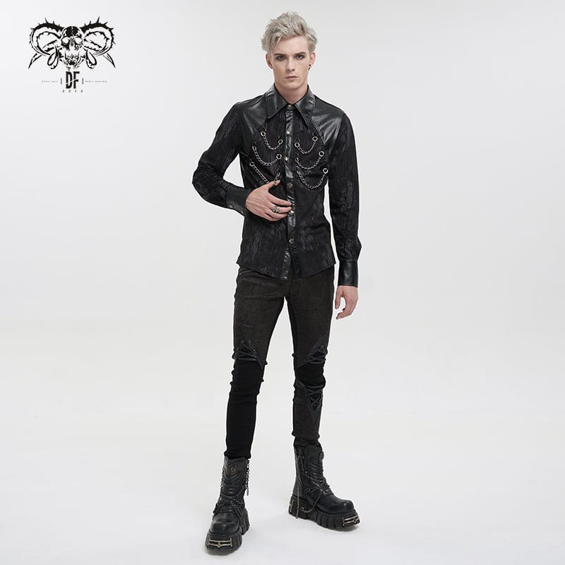 DEVIL FASHION Men's Gothic Faux Leather Splice Chain Shirt