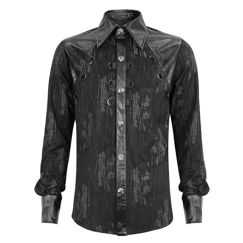 DEVIL FASHION Men's Gothic Faux Leather Splice Chain Shirt