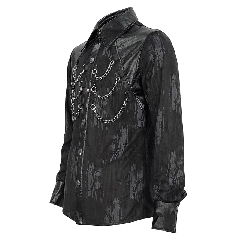 DEVIL FASHION Men's Gothic Faux Leather Splice Chain Shirt