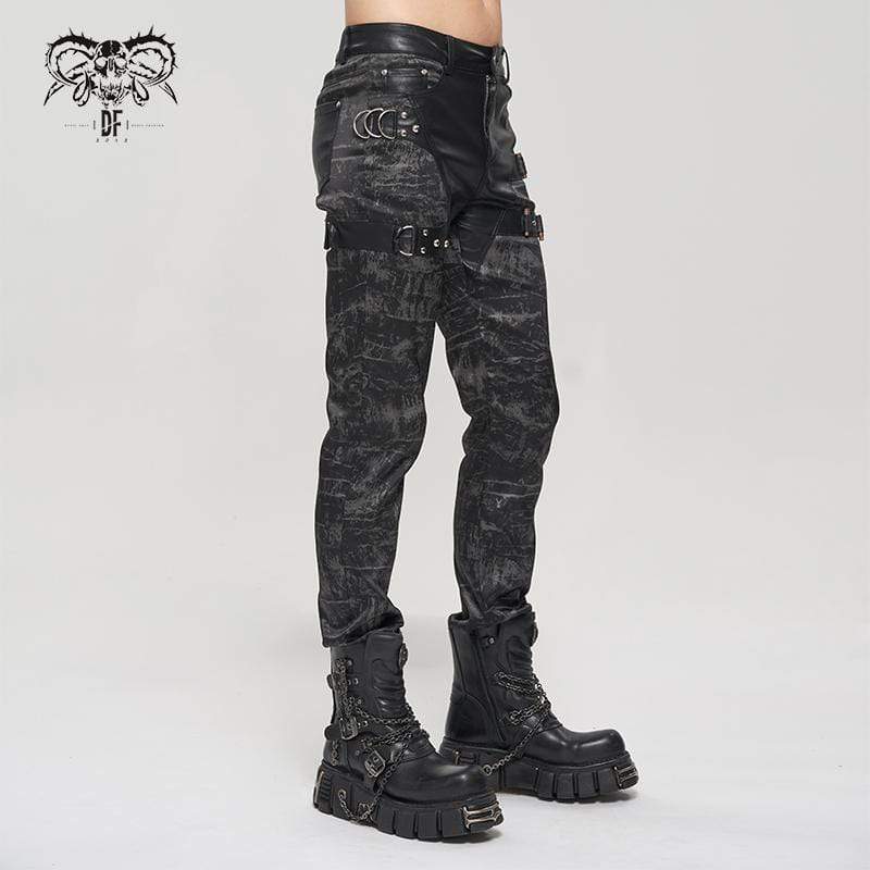 DEVIL FASHION Men's Gothic Faux Leather Splice Multi-pocket Pants