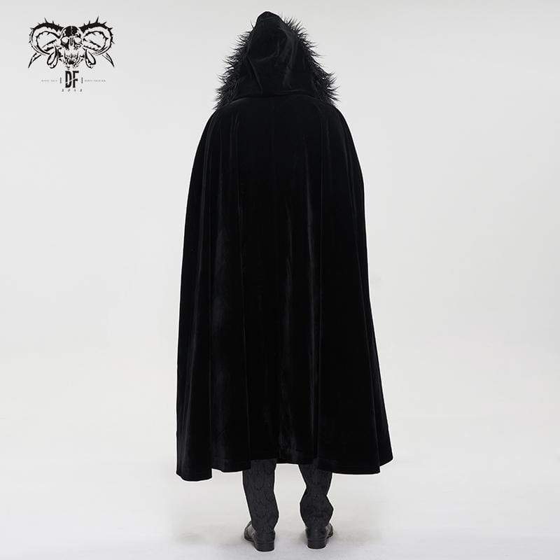 DEVIL FASHION Men's Gothic Floral Long Coat with Hood Black