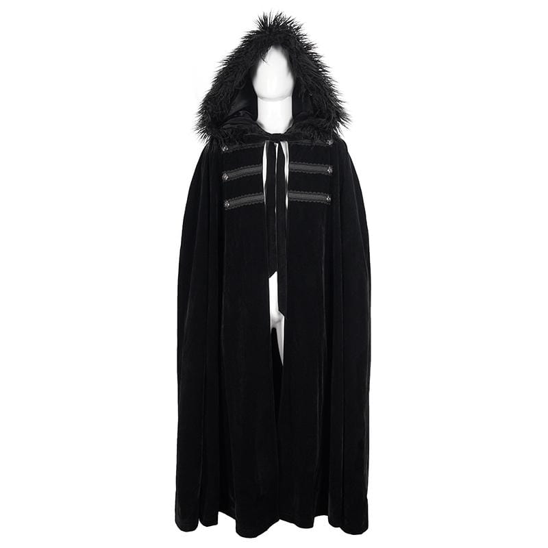 DEVIL FASHION Men's Gothic Floral Long Coat with Hood Black