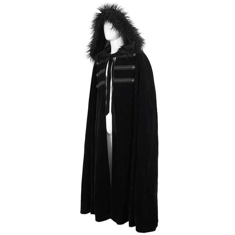 DEVIL FASHION Men's Gothic Floral Long Coat with Hood Black