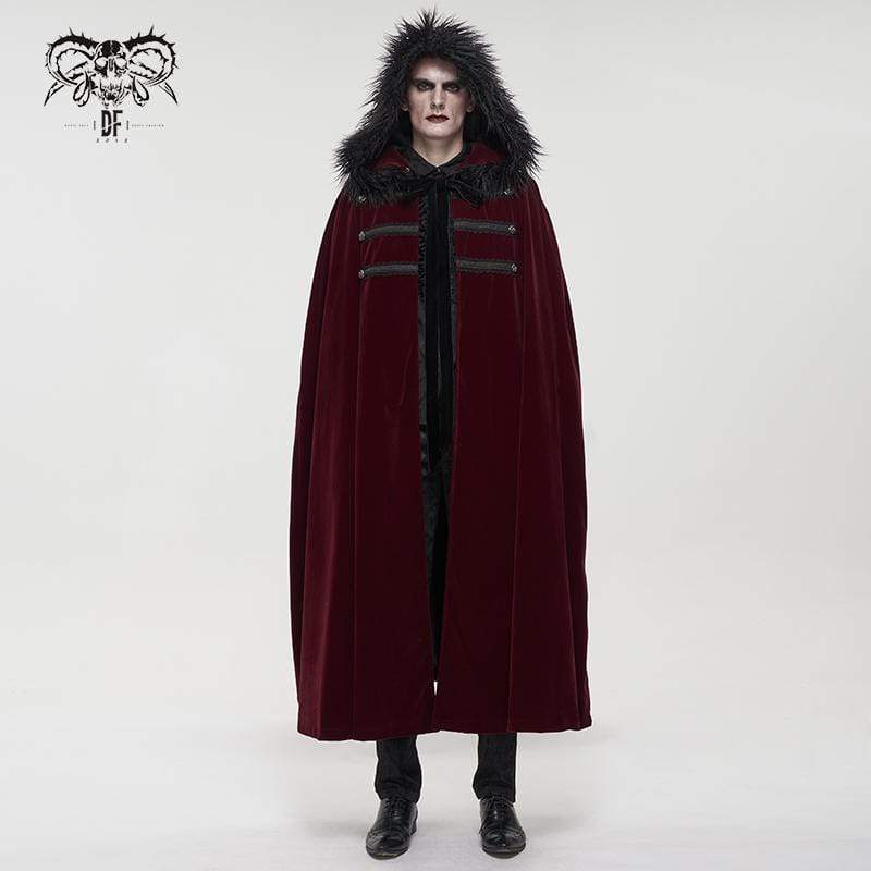 DEVIL FASHION Men's Gothic Floral Long Coat with Hood Red