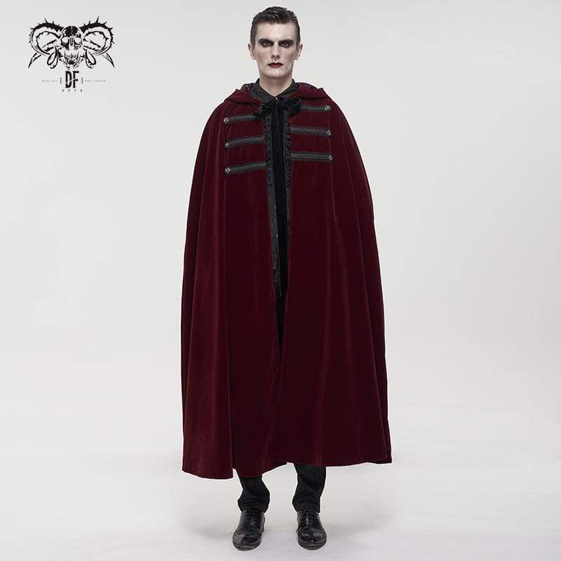 DEVIL FASHION Men's Gothic Floral Long Coat with Hood Red